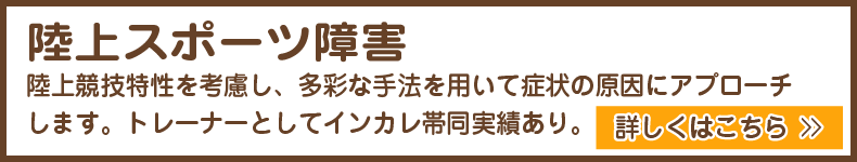 陸上競技特性を考慮し、多彩な手法を用いて症状の原因にアプローチします。トレーナーとして高校・大学の陸上部のインカレ帯同実績あり。